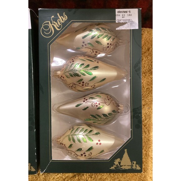 Krebs Christmas Glass Bulb Ornaments Gold Lambs Wool Velvet With Leaf & Berries - Picture 2 of 8